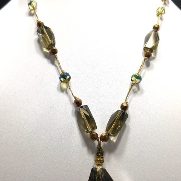 Vintage Smoky Topaz Glass Pendant Necklace Gold Tone Faceted Beads 20 Inch - Picture 3 of 8